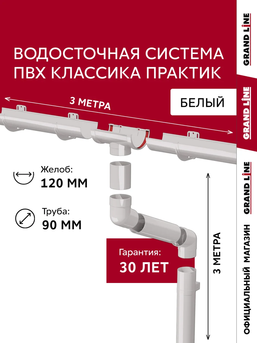 Комплект водосточной системы Классика Практик 120 ПВХ Гранд Лайн 3м/3м RAL 9003 белый