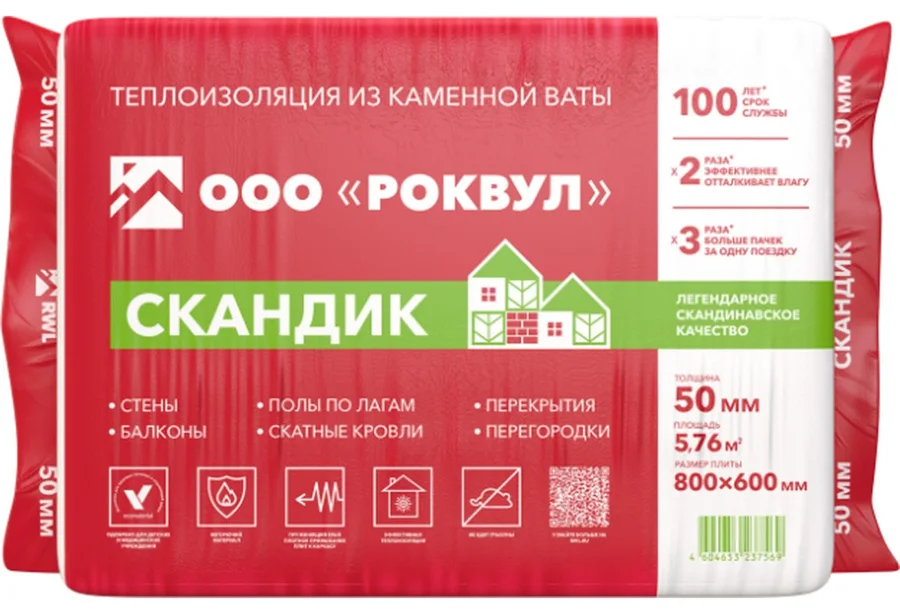 Утеплитель Р-ВУЛ Лайт Баттс Скандик 800х600х50 (12шт/пач. 5,76м2, 0,288м3, 24пач/пал)